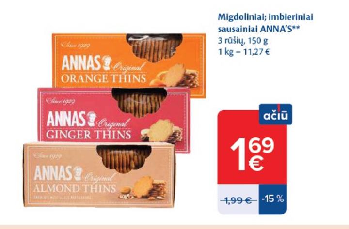 Migdoliniai; imbieriniai sausainiai ANNA'S, 150 g