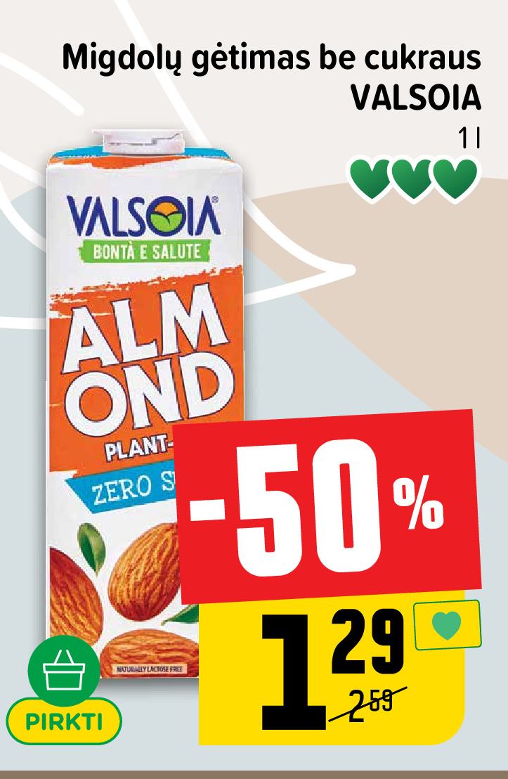 Migdolų gėrimas be cukraus VALSOIA, 1 l