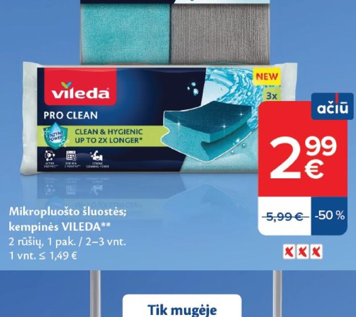 Mikropluošto šluostės; kempinės VILEDA, 1 pak.