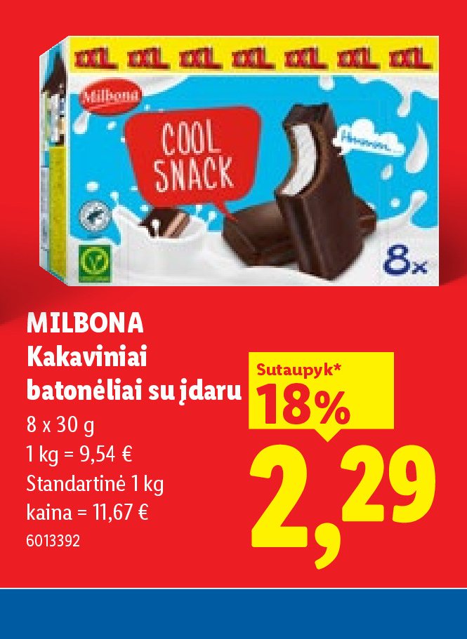 MILBONA Kakaviniai batonėliai su įdaru, 8 x 30 g