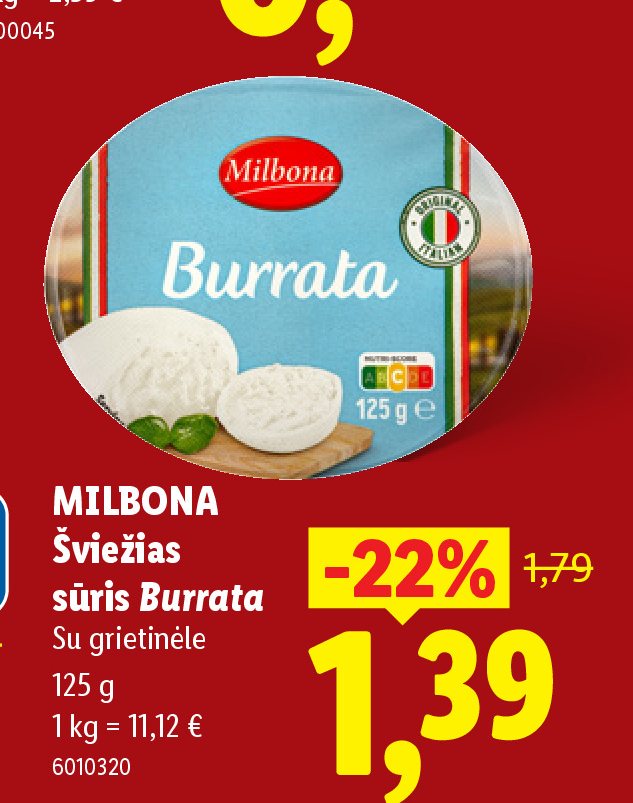 MILBONA Šviežias sūris Burrata, 125 g