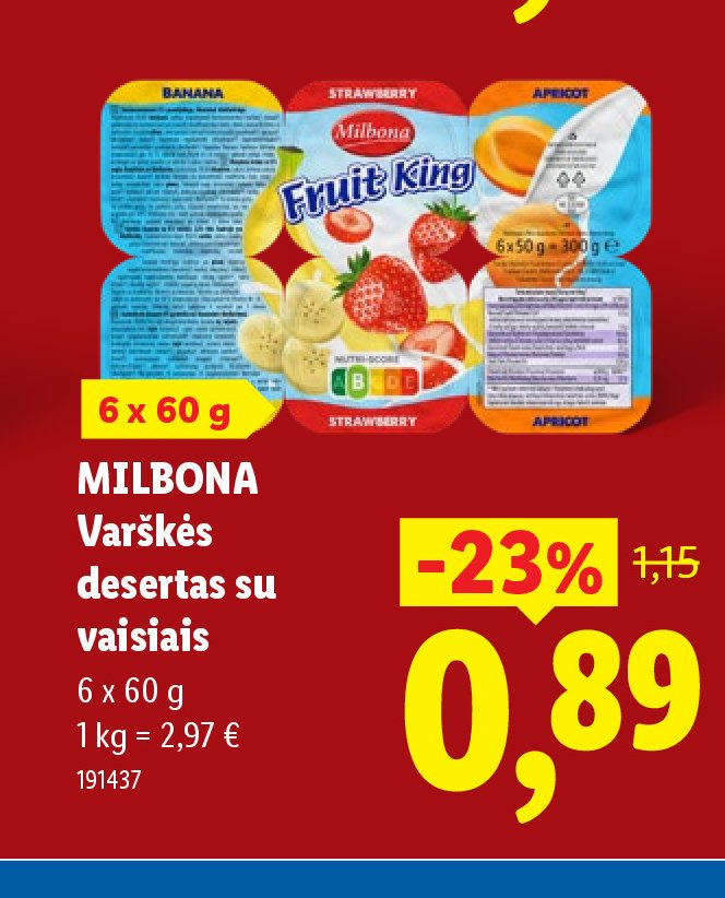 MILBONA Varškės desertas su vaisiais, 6 x 60 g