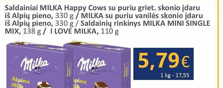 MILKA su puriu vanilės skonio įdaru iš Alpių pieno, 330 g
