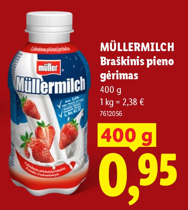 MÜLLERMILCH Braškinis pieno gėrimas, 400 g