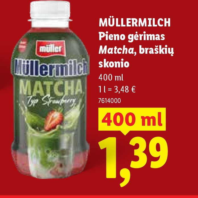 MÜLLERMILCH Pieno gėrimas Matcha, braškių skonio, 400 ml