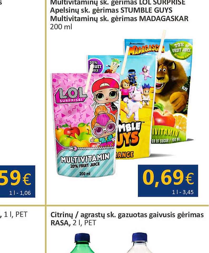 Multivitaminų sk. gėrimas LOL SURPRISE Apelsinų sk. gėrimas STUMBLE GUYS Multivitaminų sk. gėrimas MADAGASKAR, 200 ml