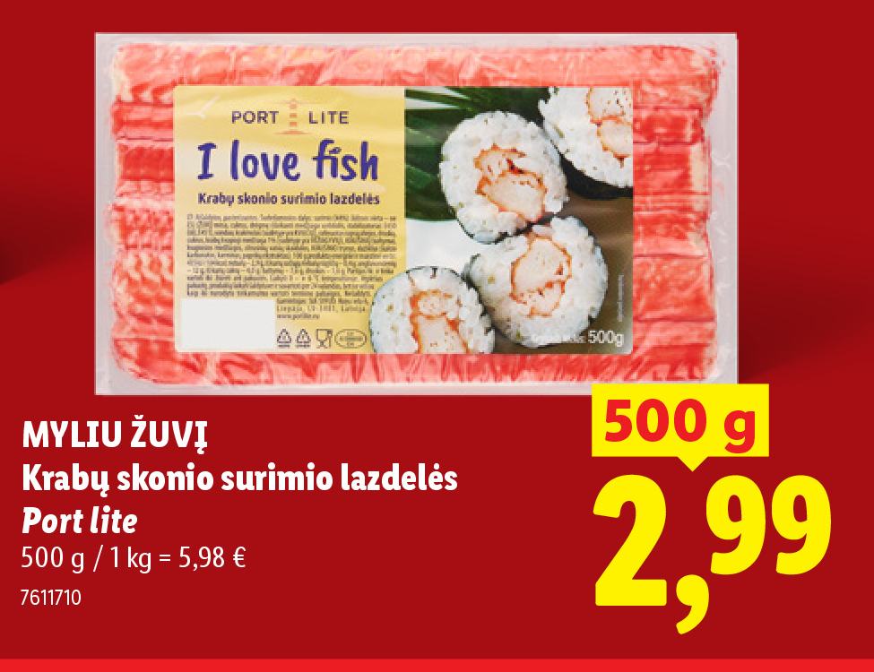 MYLIU ŽUVĮ Krabų skonio surimio lazdelės Port lite, 500 g
