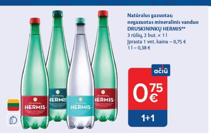Natūralus gazuotas; negazuotas mineralinis vanduo DRUSKININKŲ HERMIS, 1 l