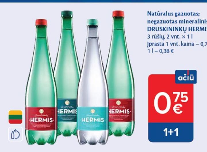 Natūralus gazuotas; negazuotas mineralinis vanduo DRUSKININKŲ HERMIS, 2 vnt