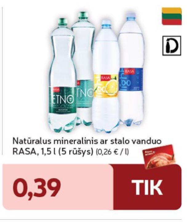 Natūralus mineralinis ar stalo vanduo RASA, 1.5 l