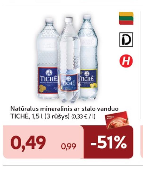Natūralus mineralinis ar stalo vanduo TICHĖ, 1.5 l