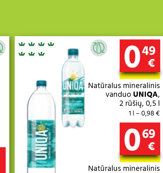 Natūralus mineralinis vanduo UNIQA, 0.5 l