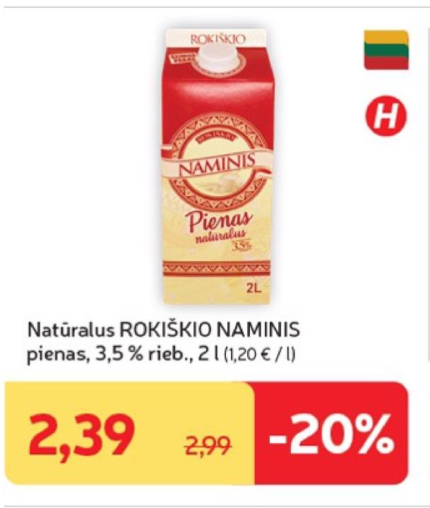 Natūralus ROKIŠKIO NAMINIS pienas, 2 l