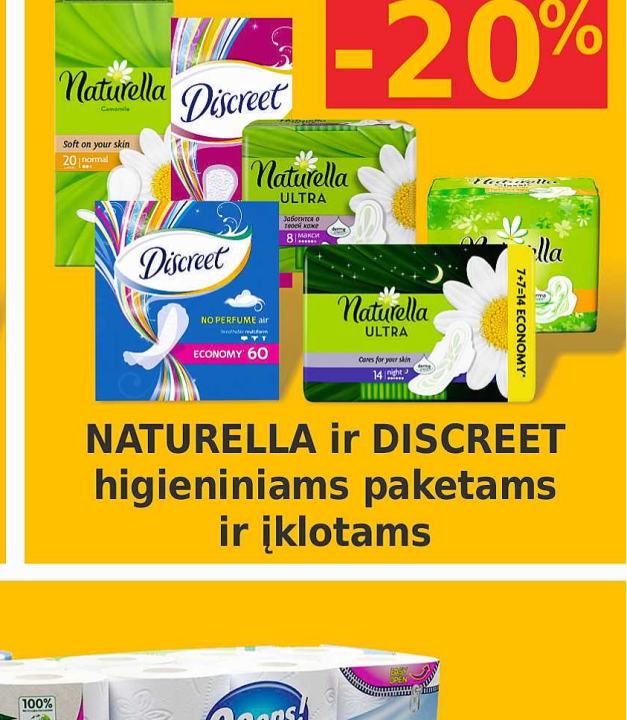 NATURELLA ir DISCREET higieniniams paketams ir įklotams