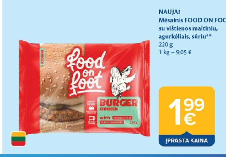 NAUJA! Mėsainis FOOD ON FOOT su vištienos maltiniu, agurkėliais, sūriu, 220 g
