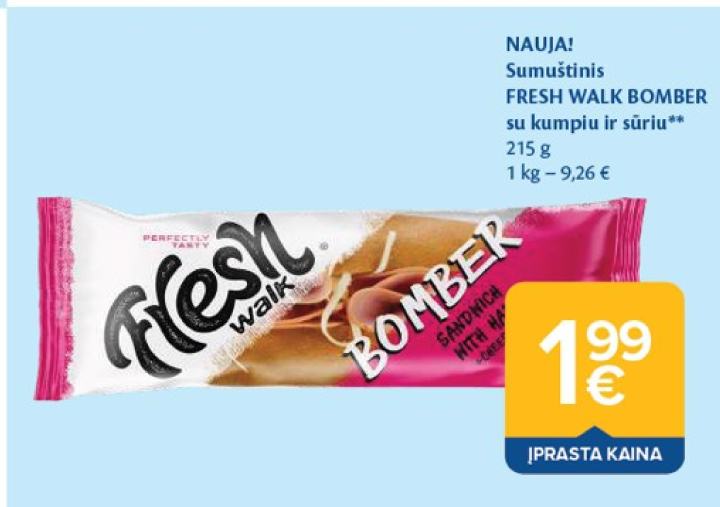 NAUJA! Sumuštinis FRESH WALK BOMBER su kumpiu ir sūriu, 215 g