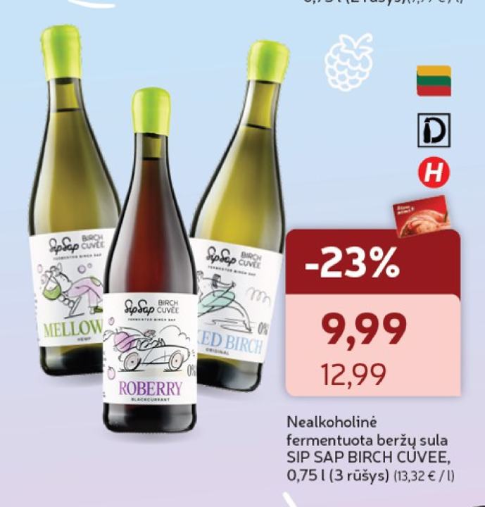 Nealkoholinė fermentuota beržų sula SIP SAP BIRCH CUVEE, 0.75 l