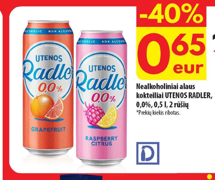 Nealkoholiniai alaus kokteiliai UTENOS RADLER, 0.5 l