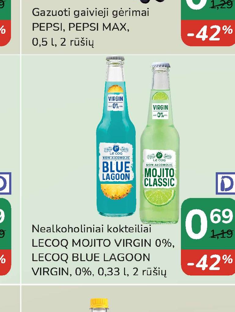 Nealkoholiniai kokteiliai LECOQ MOJITO VIRGIN 0%, LECOQ BLUE LAGOON VIRGIN, 0%, 0.33 l