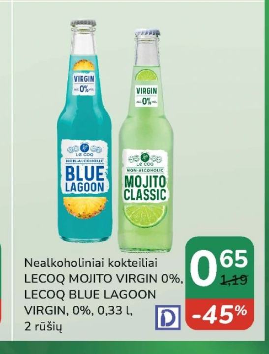 Nealkoholiniai kokteiliai LECOQ MOJITO VIRGIN 0%, LECOQ BLUE LAGOON VIRGIN, 0.33 l