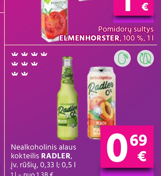 Nealkoholinis alaus kokteilis RADLER, įv. rūšių, 0.33 l