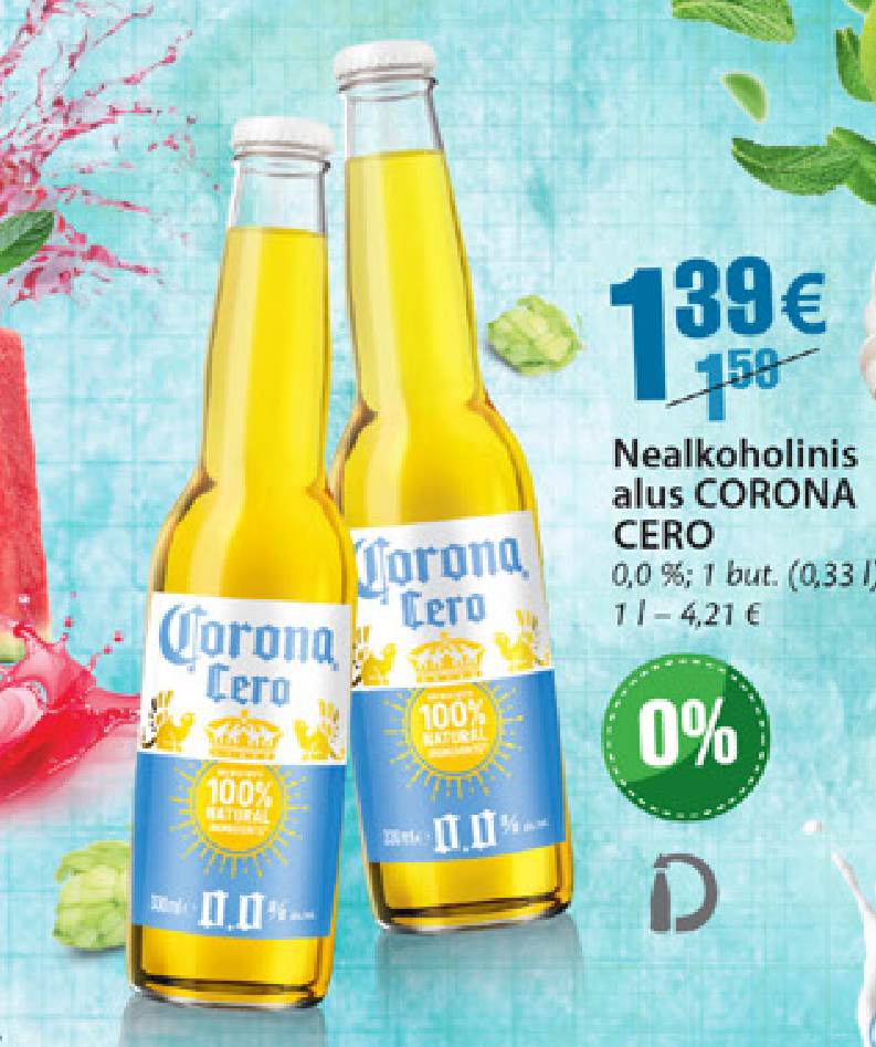 Nealkoholinis alus CORONA CERO, 0.33 l