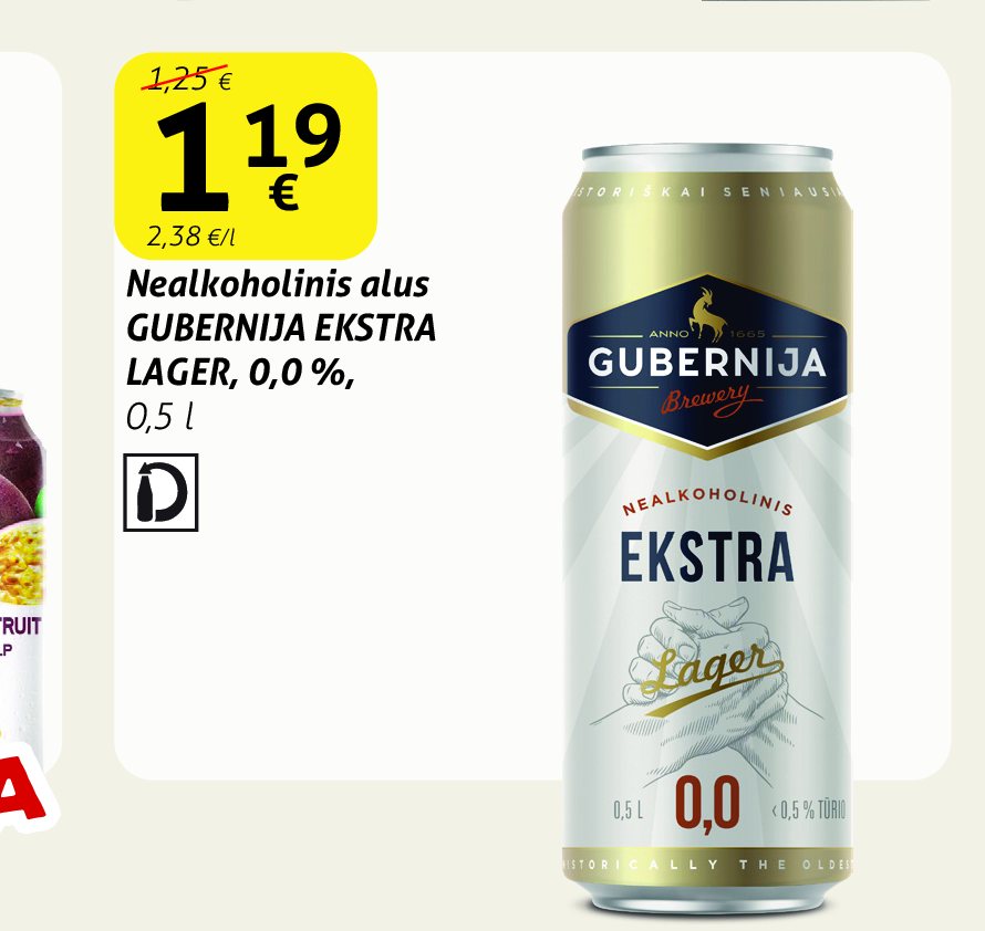 Nealkoholinis alus GUBERNIJA EKSTRA LAGER, 0.5 l
