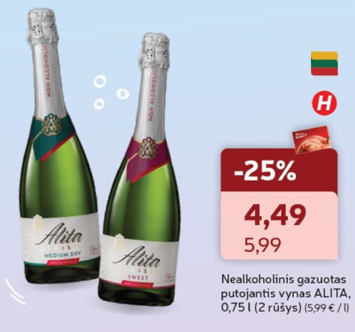 Nealkoholinis gazuotas putojantis vynas ALITA, 0.75 l