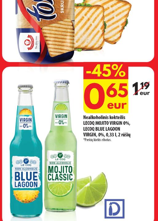 Nealkoholinis kokteilis LECOQ MOJITO VIRGIN 0%, LECOQ BLUE LAGOON VIRGIN, 0%, 0.33 l