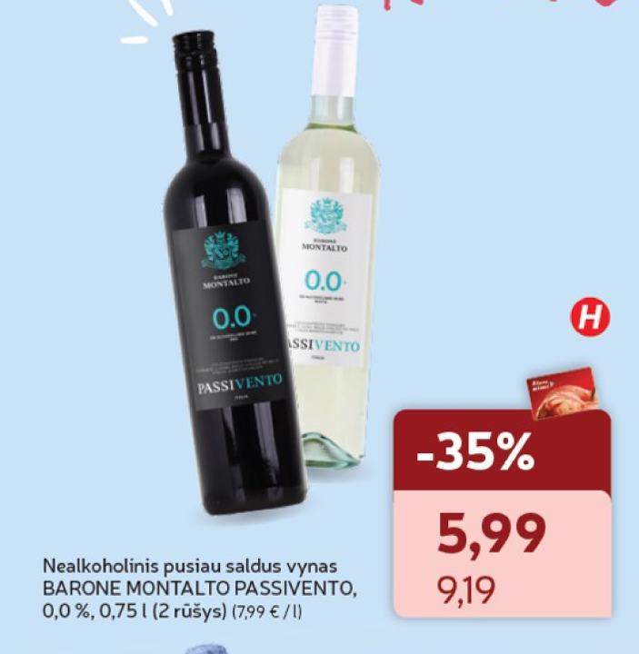 Nealkoholinis pusiau saldus vynas BARONE MONTALTO PASSIVENTO, 0.75 l