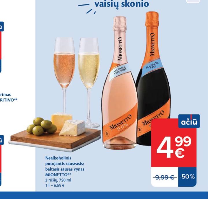 Nealkoholinis putojantis rausvasis; baltasis sausas vynas MIONETTO, 750 ml