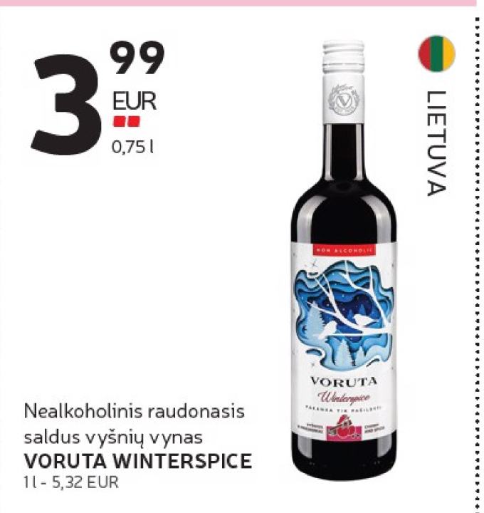 Nealkoholinis raudonasis saldus vyšnių vynas VORUTA WINTERSPICE, 0.75 l