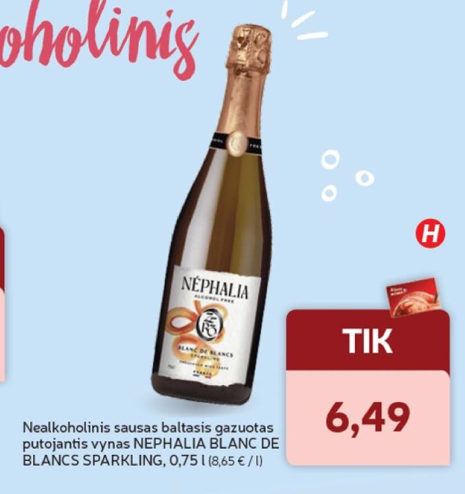 Nealkoholinis sausas baltasis gazuotas putojantis vynas NEPHALIA BLANC DE BLANCS SPARKLING, 0.75 l