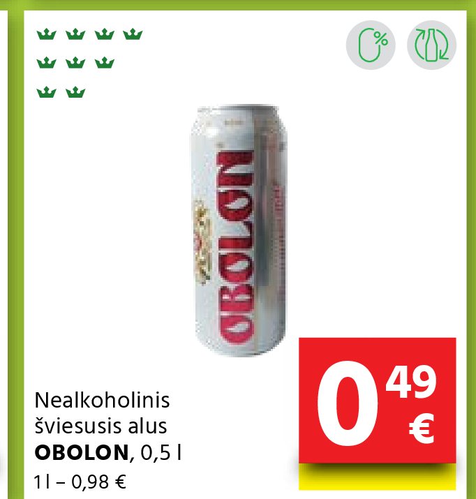 Nealkoholinis šviesusis alus OBOLON, 0.5 l