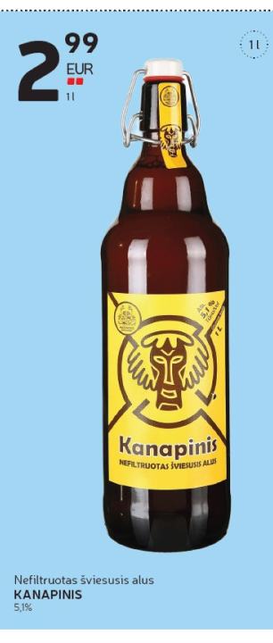 Nefiltruotas šviesusis alus KANAPINIS, 1 l