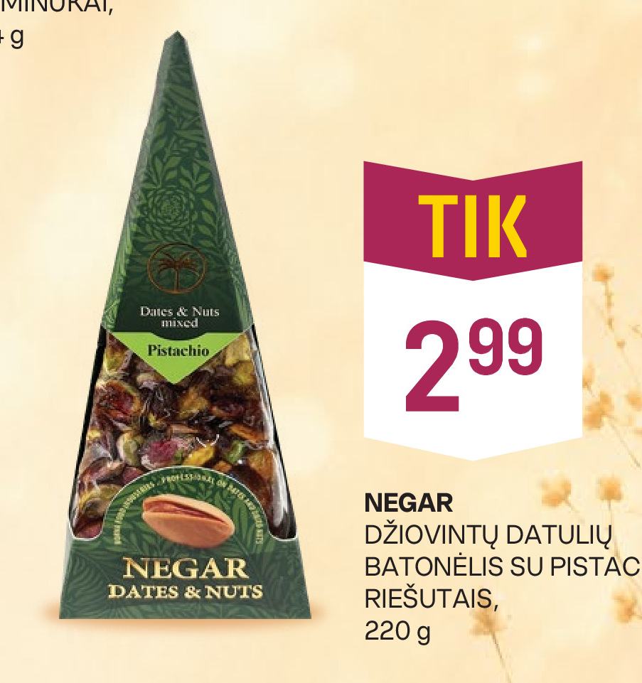 NEGAR DŽIOVINTŲ DATULIŲ BATONĖLIS SU PISTACIJŲ RIEŠUTAIS, 220 g