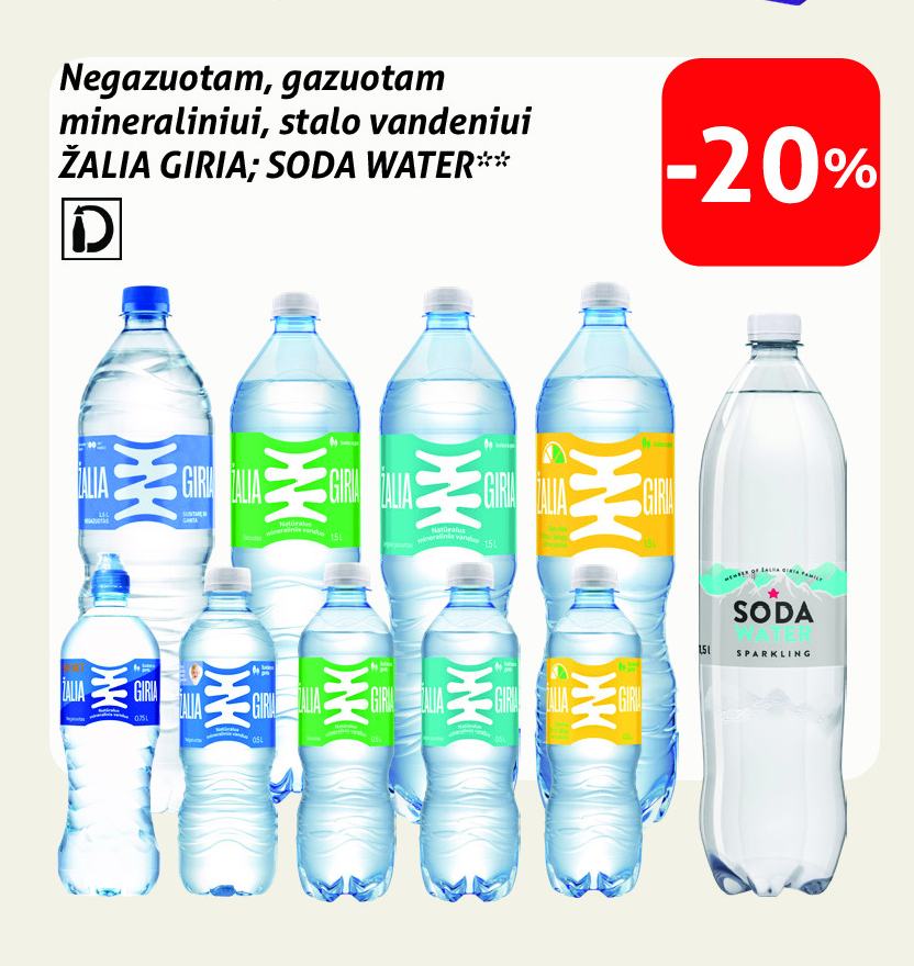 Negazuotam, gazuotam mineraliniui, stalo vandeniui ŽALIA GIRIA; SODA WATER