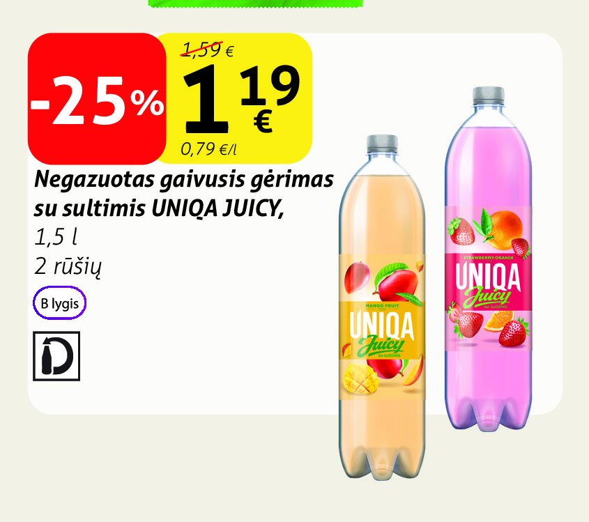 Negazuotas gaivusis gėrimas su sultimis UNIQA JUICY, 1.5 l