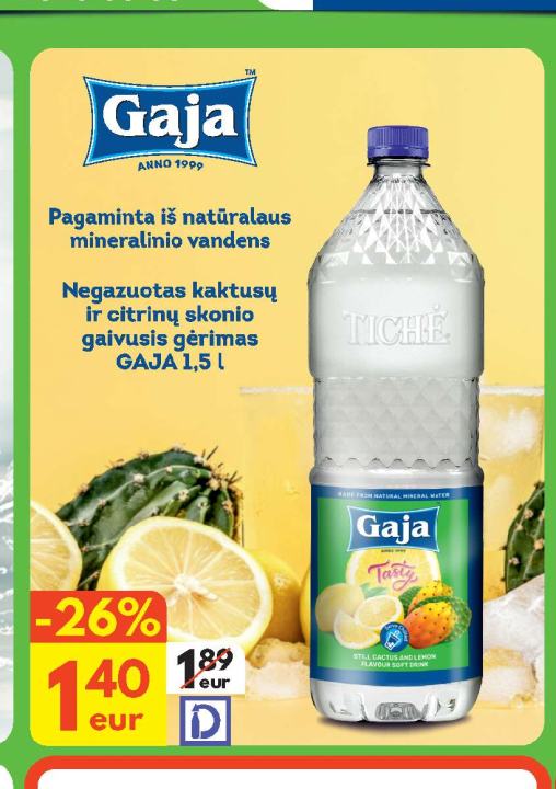 Negazuotas kaktusų ir citrinų skonio gaivusis gėrimas GAJA, 1.5 l