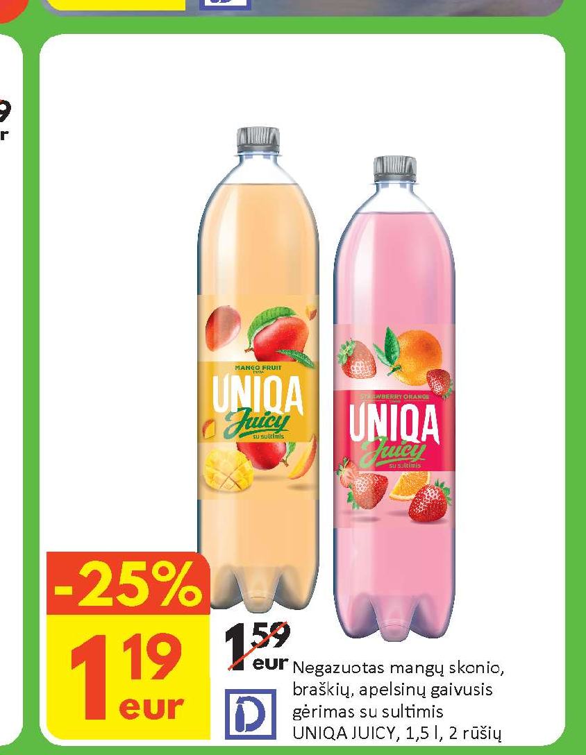 Negazuotas mangų skonio, braškių, apelsinų gaivusis gėrimas su sultimis UNIQA JUICY, 1.5 l