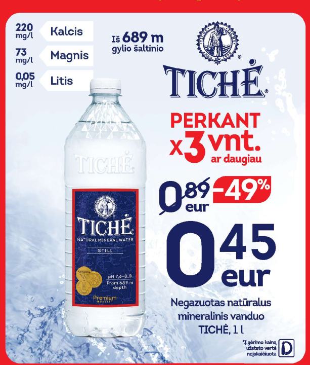 Negazuotas natūralus mineralinis vanduo TICHÉ, 1 l