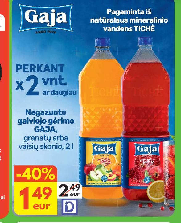Negazuoto gaiviojo gėrimo GAJA, granatų arba vaisių skonio, 2 l