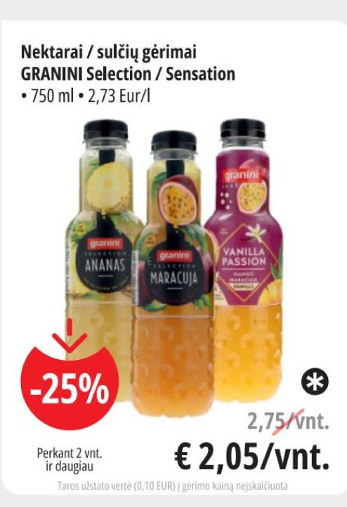 Nektarai / sulčių gėrimai GRANINI Selection / Sensation, 750 ml