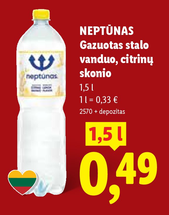NEPTŪNAS Gazuotas stalo vanduo, citrinų skonio, 1.5 l