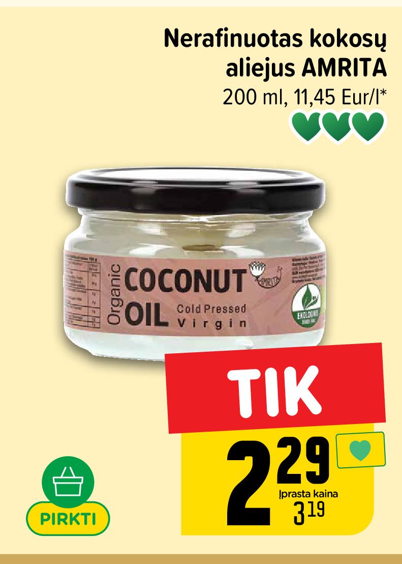 Nerafinuotas kokosų aliejus AMRITA, 200 ml
