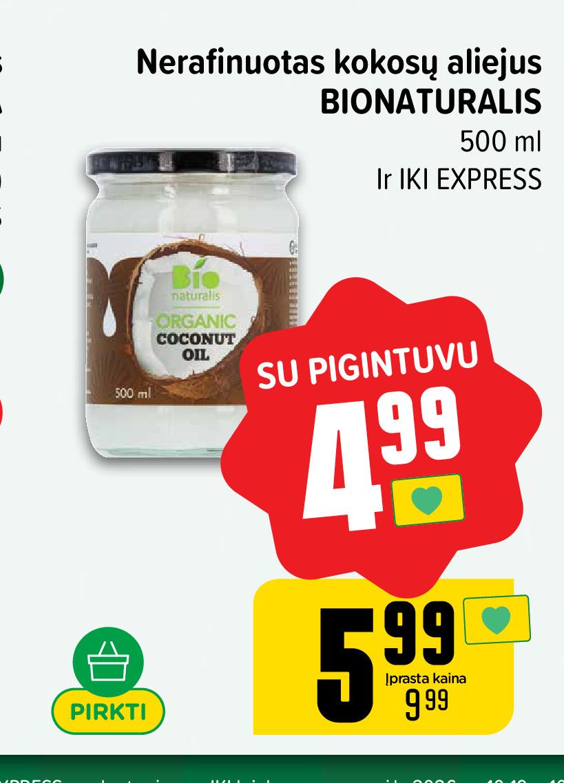 Nerafinuotas kokosų aliejus BIONATURALIS, 500 ml