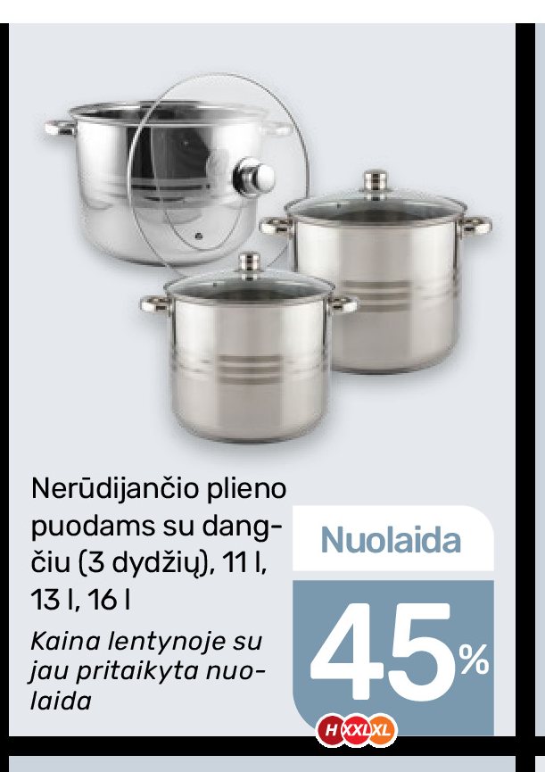 Nerūdijančio plieno puodams su dangčiu (3 dydžių), 11 l