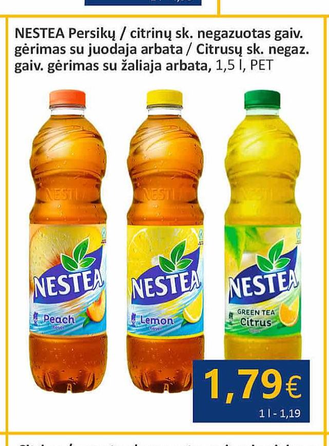NESTEA Persikų / citrinų sk. negazuotas gaiv. gėrimas su juodąja arbata / Citrusų sk. negaz. gaiv. gėrimas su žaliąja arbata, 1.5 l