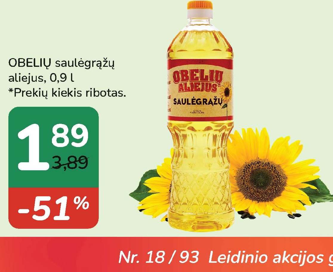 OBELIŲ saulėgrąžų aliejus, 0.9 l
