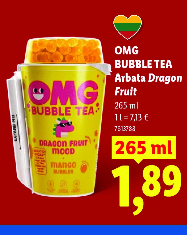 OMG BUBBLE TEA Arbata Dragon Fruit, 265 ml